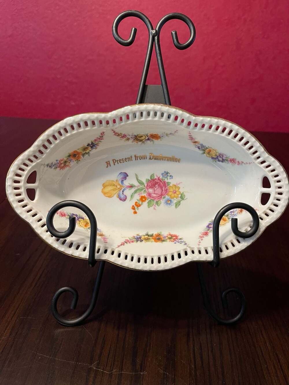 Vintage Porcelain Reticulated Oval Trinket Dish A Present From Dunfermline